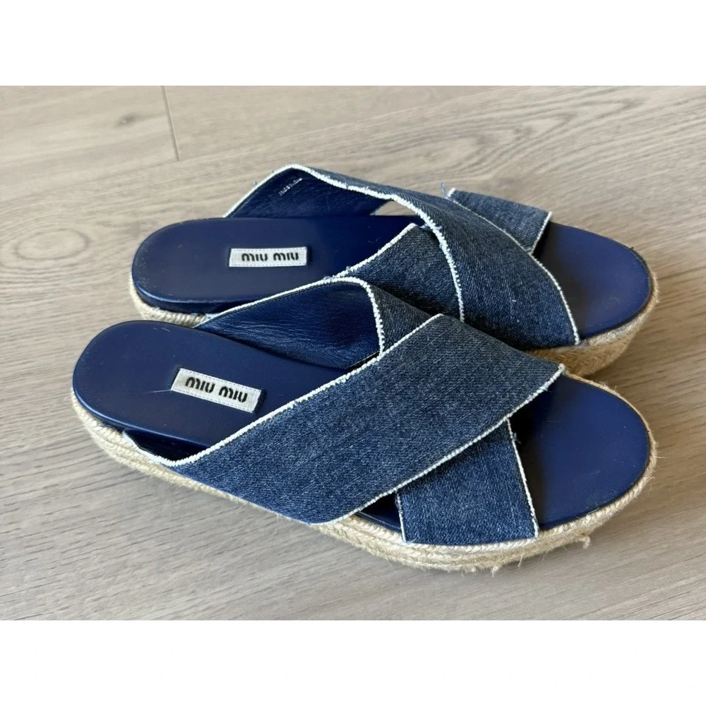 miu miu espadrilles Macy Platform Crisscross Sandals Size 40 US 10 Navy Denim‎